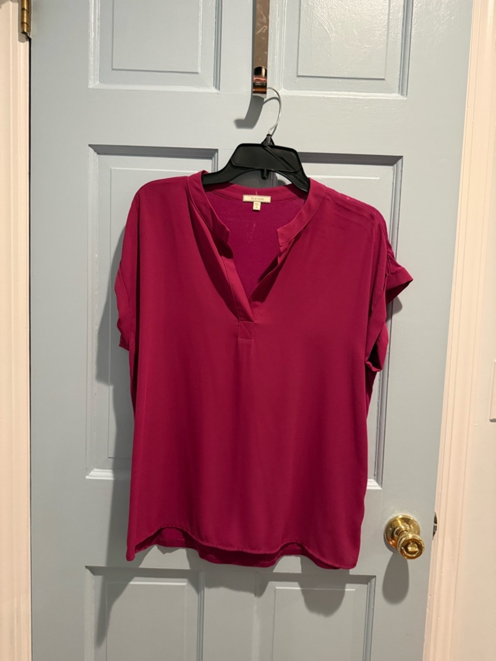 Pleione Fuchsia Split V-Neck Short Sleeve Blouse